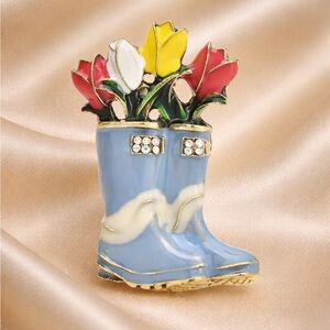 Blue Garden Boot with Tulips Brooch – Whimsical Floral Pin